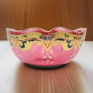 Antique Bohemian Cranberry Glass Bowl Hand Painted Enamel & Gold Moser 1800s